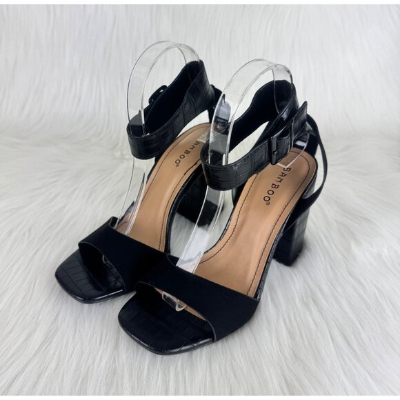 Women's Bamboo Milestone Croc Accent Ankle Strap Chunky Block Heel Sandals Black - Picture 3 of 8